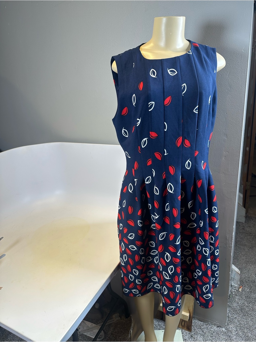 Anne Klein Navy Dress with Red & White Leaf Print